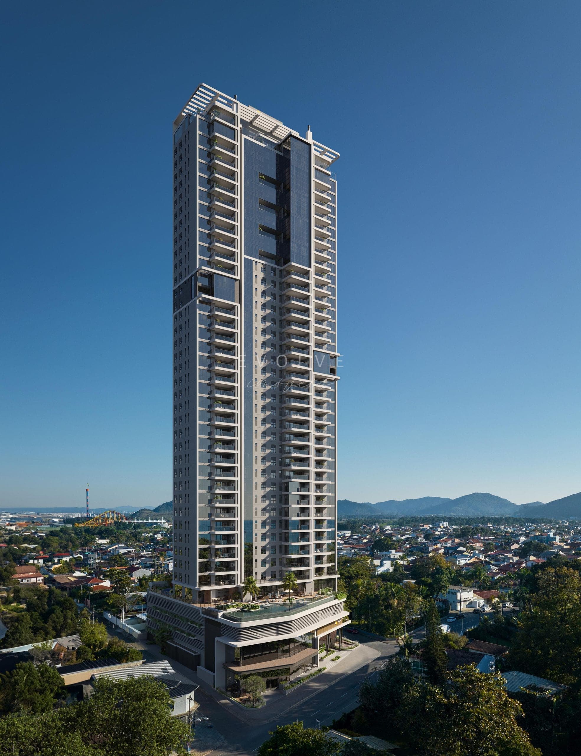 Fachada — torres ao anoitecer