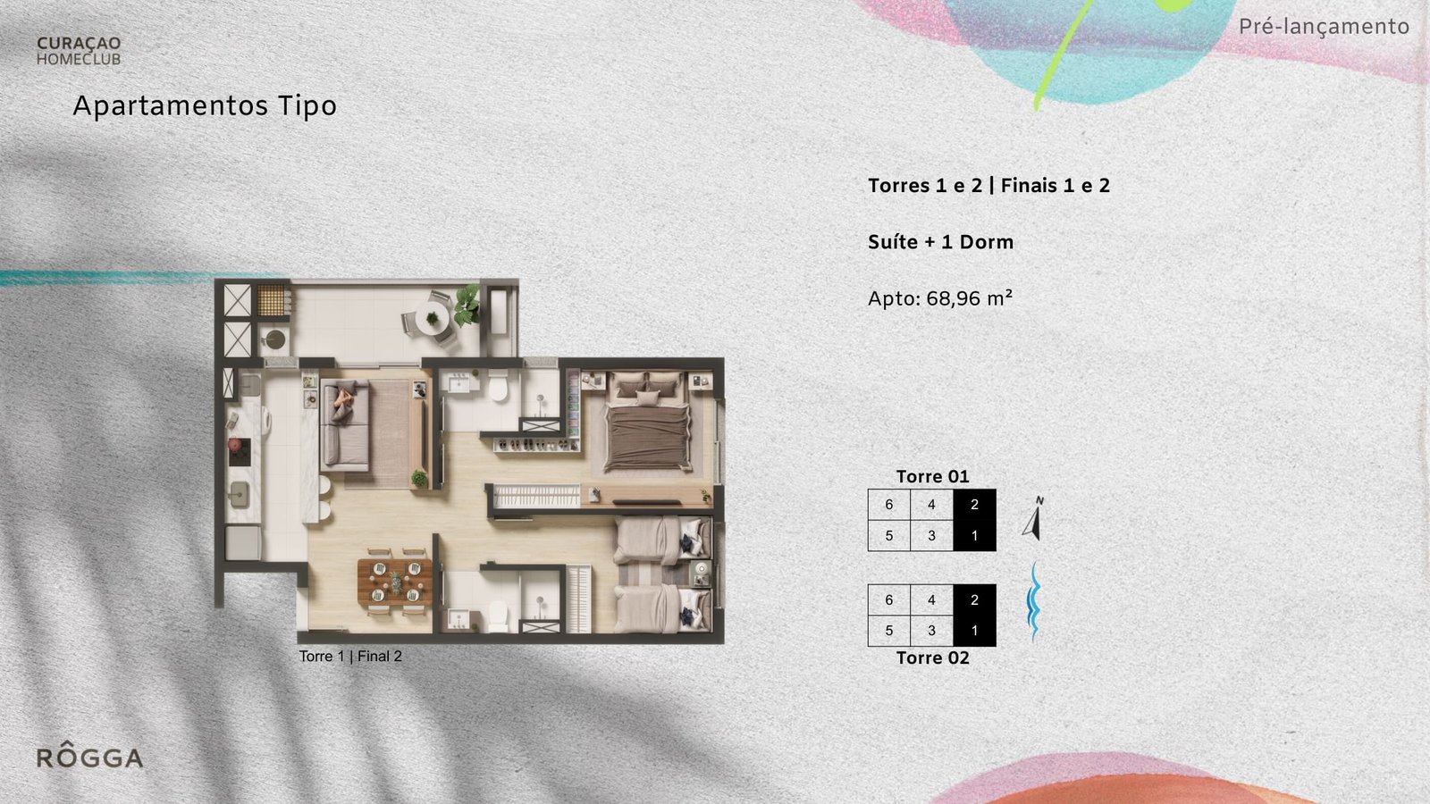 Planta do apartamento tipo de 68,96 m², finais 01 e 02 das torres 1 e 2 — Curaçao Home Club, em Balneário Piçarras