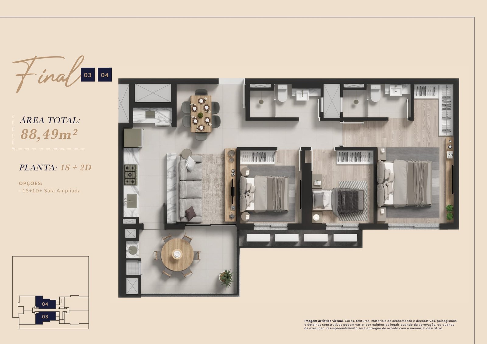 Planta de 88,49 m², finais 03 e 04 do oitavo andar adiante — Farol da Barra Home Club, em Barra Velha